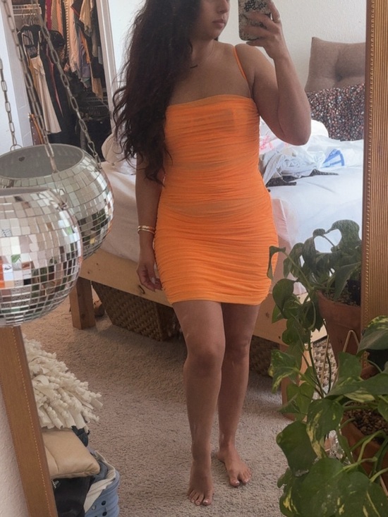 HOUSE of CB Tangerine Ruched Organza Mesh Mini Dress Sz. M - Picture 13 of 15